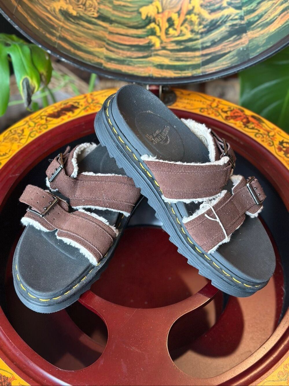 DR. MARTENS MYLES SUEDE FUR-LINED BUCKLE SLIDE SANDALS- DARK BROWN